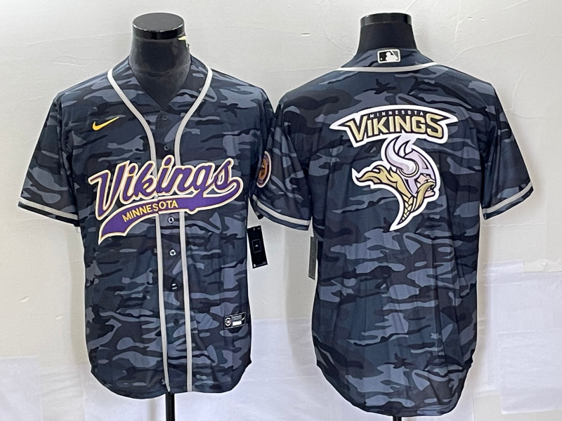 Men's Minnesota Vikings Gray Camo Team Big Logo Cool Base Stitched Baseball Jersey